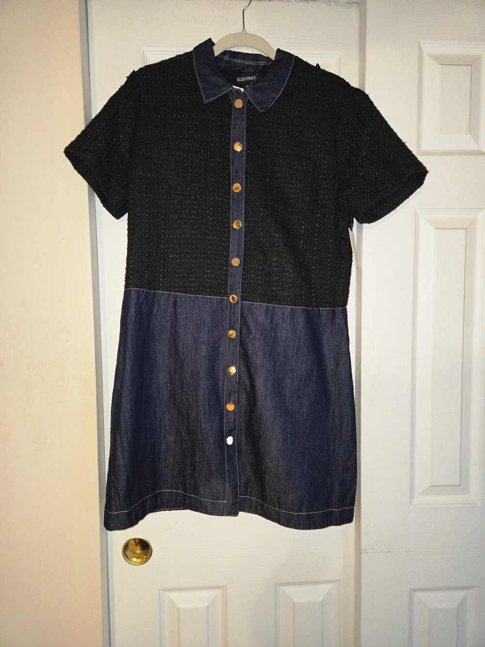 Ellen Tracy Black Tweed and Dark Blue Denim Two-Tone Button Dress